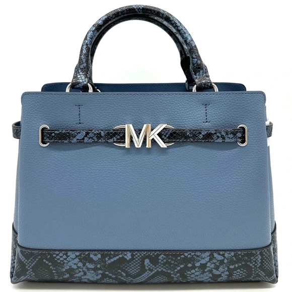 Michael Kors Large Reed Leather Belted Satchel Crossbody Bag Blue Snakeskin - Picture 2 of 12